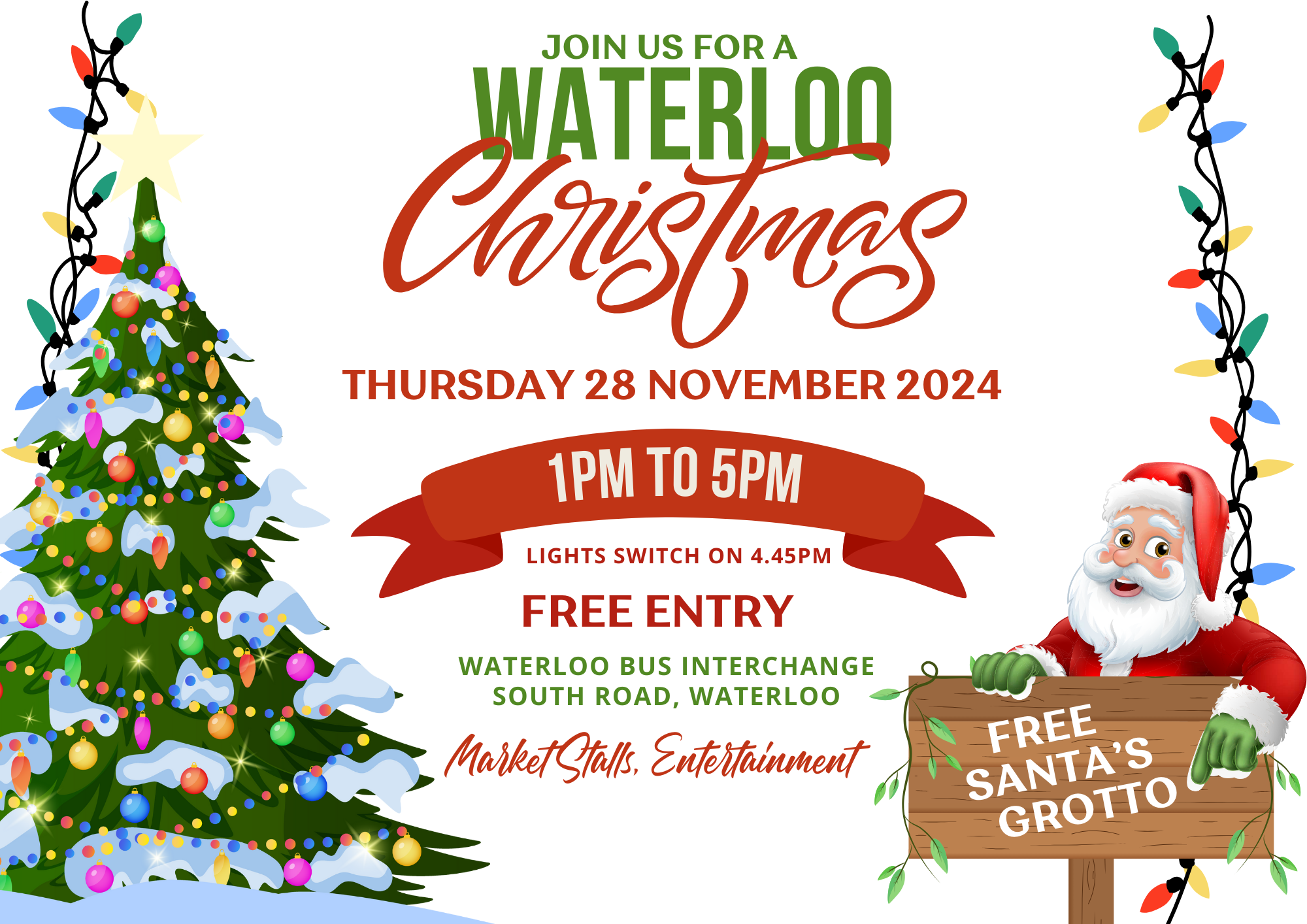 Join us for a Waterloo Christmas. Thursdya 28th November 2024 1pm - 5pm Lights switch on at 4:45pm FREE ENTRY. At Waterloo Bus Interchange, South Road, Waterloo