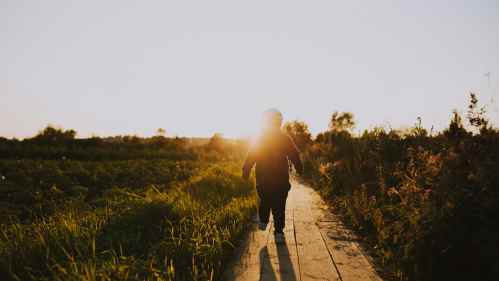 child running along path at sunset
